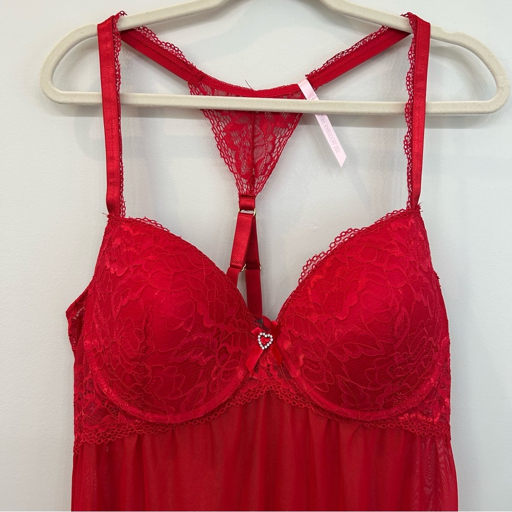 NWOT Daisy Fuentes Red Lace Push Up Babydoll Negligee Thong Panty Set 1X - Picture 3 of 10